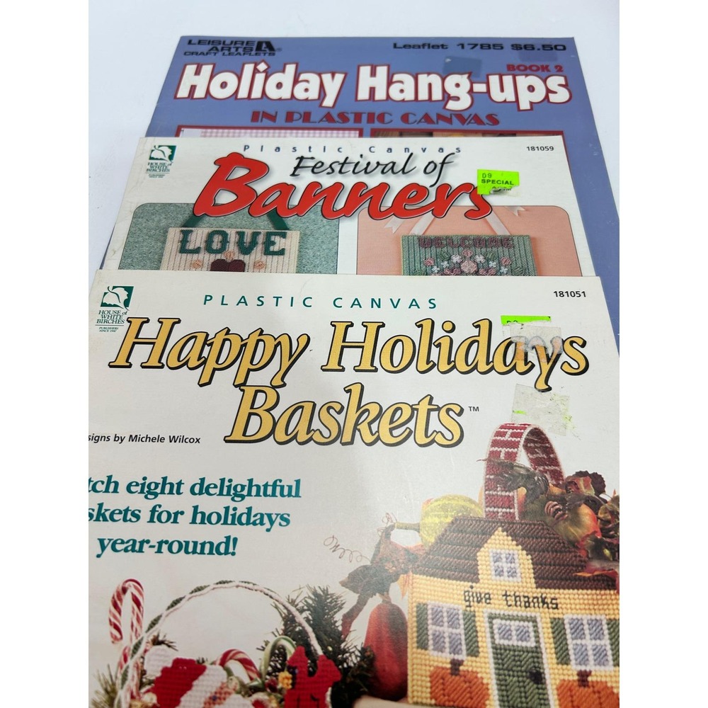 Plastic Canvas Holiday Pattern Books Lot of 3 Banners and Baskets